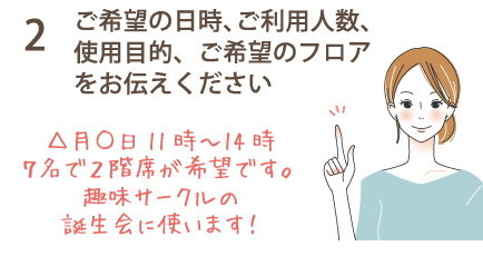 2 希望の日時、ご利用人数、使用目的、ご希望のフロアをお伝えください
